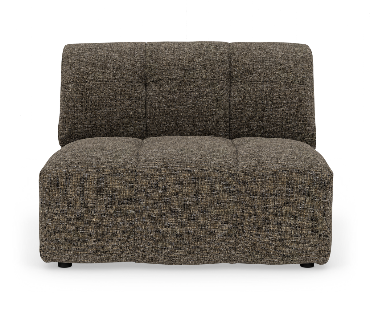 Brungrå modulsofa uden armlæn, set forfra på hvid studiobaggrund.