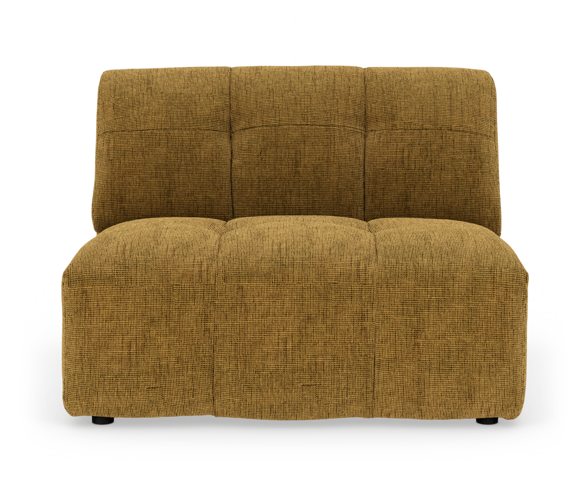 Modulsofa uden armlæn i sennepsgul tekstil, set forfra på hvid baggrund.