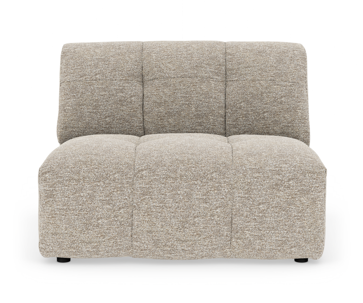 Modulsofa uden armlæn i beige tekstil, fotograferet lige forfra i studie.