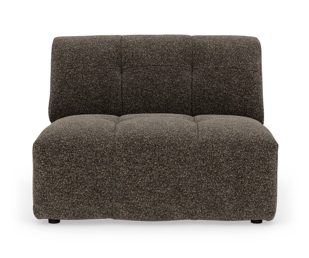 Modulær armløs 2-sæders sofa i mørk brun tekstil set forfra på hvid baggrund.