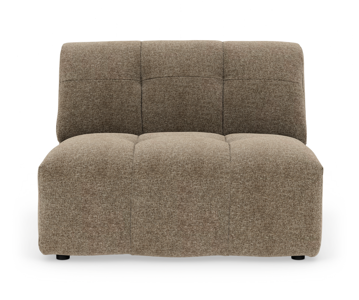 Brun modulsofa uden armlæn i stof, frontvisning på hvid baggrund.