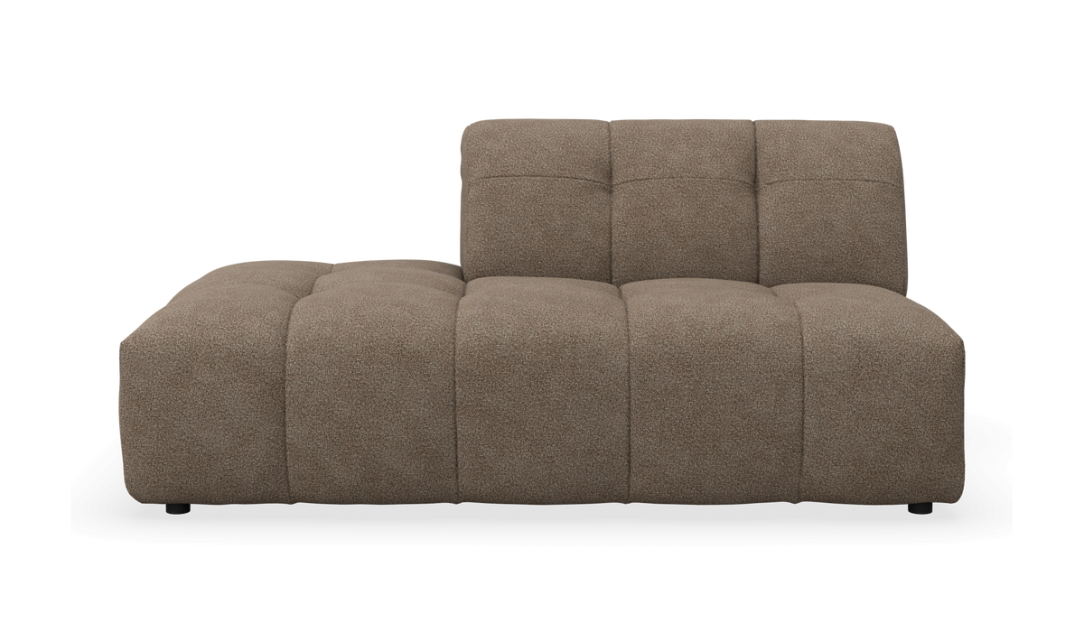 Modulsofa med venstre chaiselong i beige bouclé, set forfra.
