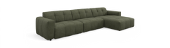 Olivengrøn modulsofa med højrevendt chaiselong og vatterede sæder i moderne stil, frilagt på sort baggrund.