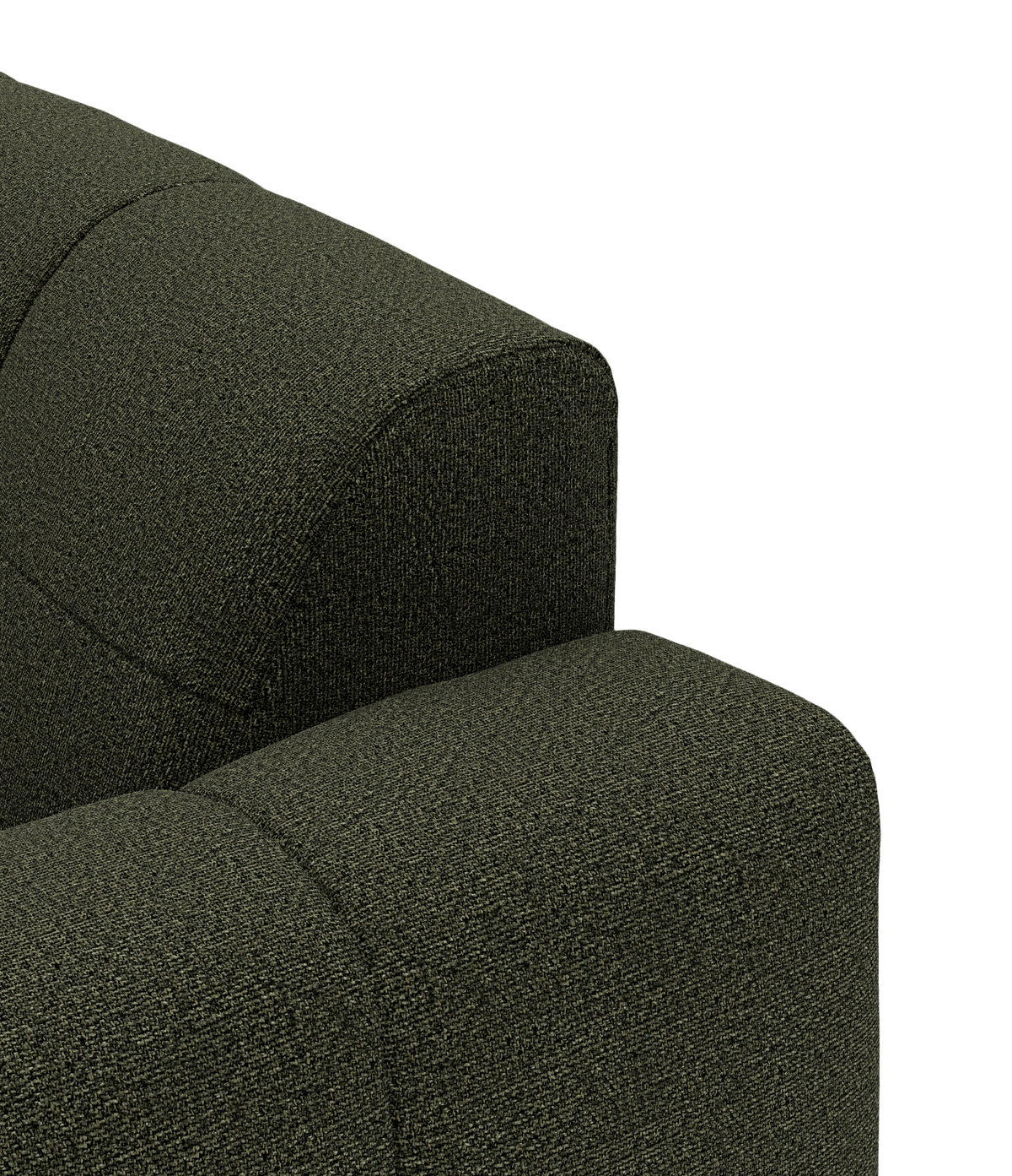 Detalje af mørkegrøn stofsofa med afrundet ryglæn og armlæn.