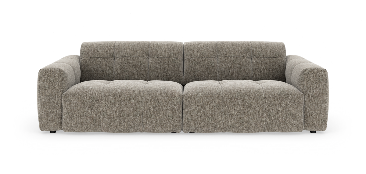Grå-beige modulsofa i stof, frontvisning på hvid baggrund.