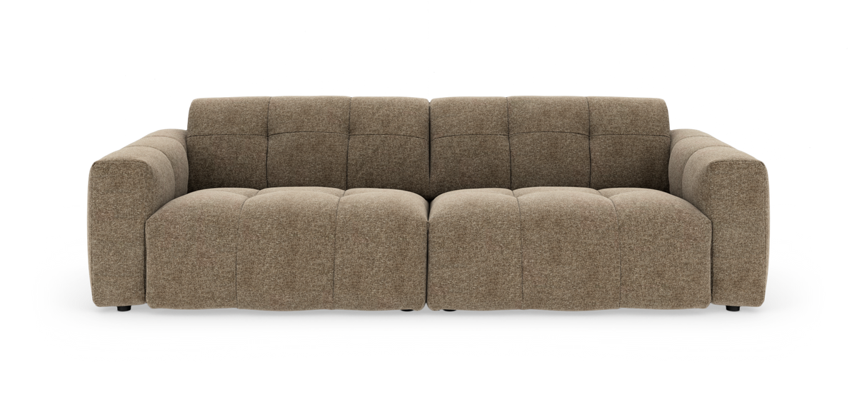 Brun modulsofa i stof, frontvisning frilagt mod hvid baggrund.