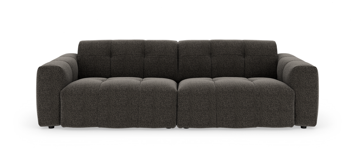Mørkegrå, moderne 3-personers modulsofa set forfra på hvid studiebaggrund.