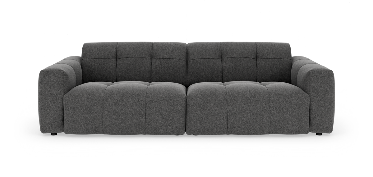 Mørkegrå, modulær 3-personers sofa med bløde, dybe puder set lige forfra på hvid baggrund.