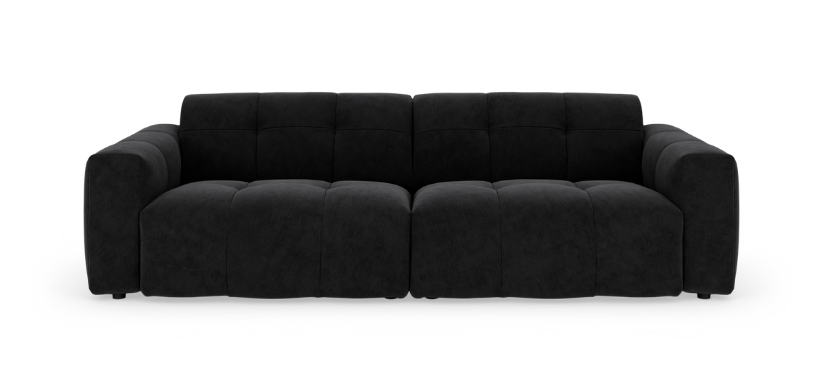 Sort modulsofa i stof, fritlagt på hvid baggrund i frontvisning.