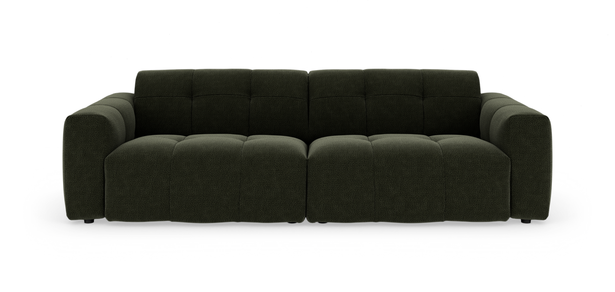 Mørkegrøn modulsofa med bløde, afrundede armlæn, set lige forfra på hvid baggrund.