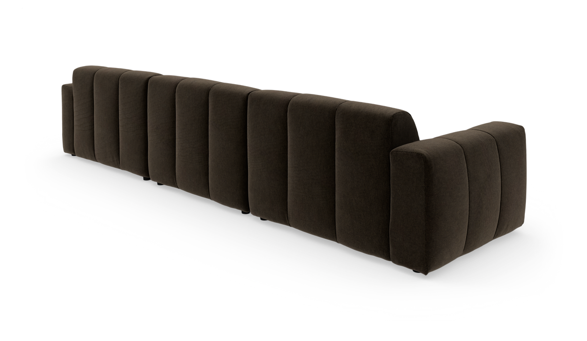 Mørkebrun modulsofa set bagfra i vinkel på hvid baggrund.