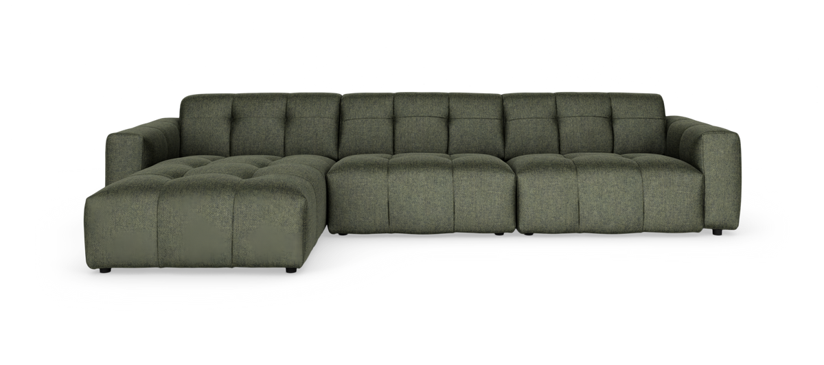 Grøn modulsofa i L-form på hvid baggrund.