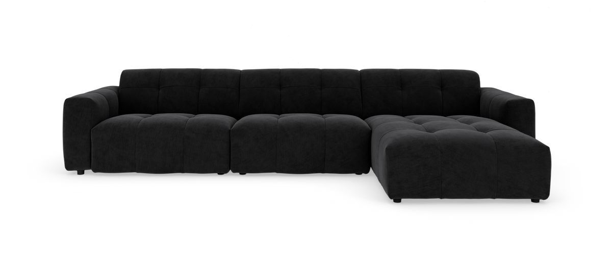 Sort modulsofa med højre chaiselong på hvid baggrund.