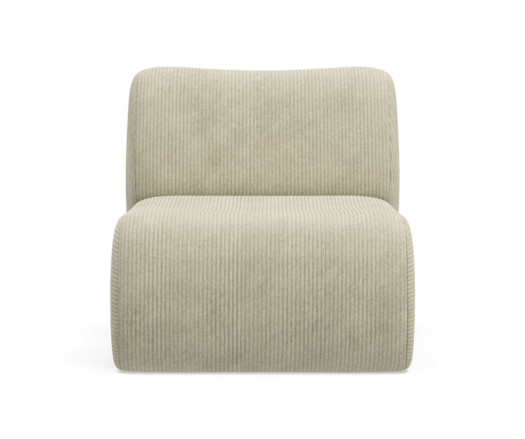 Beige ribbet armløs loungestol/modul i fløjl, fritlagt frontvisning.
