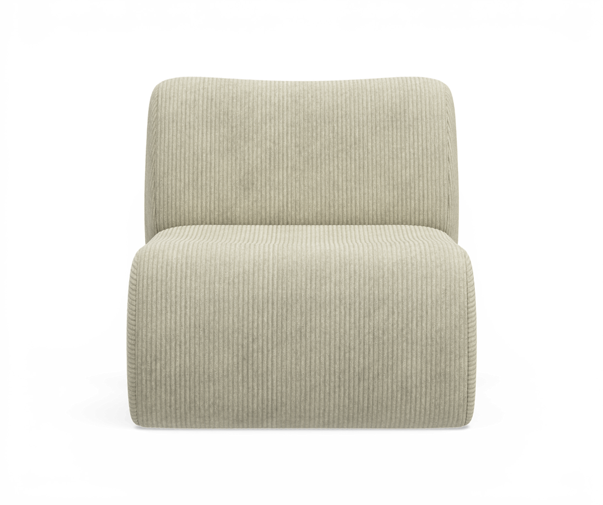 Beige ribbet armløs loungestol/modul i fløjl, fritlagt frontvisning.