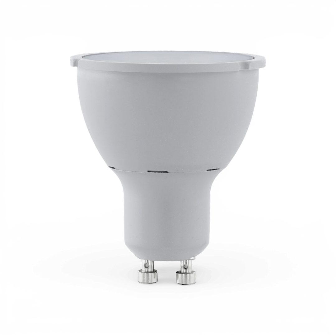 GU10 LED-spotpære i hvid, produktfoto på hvid baggrund.