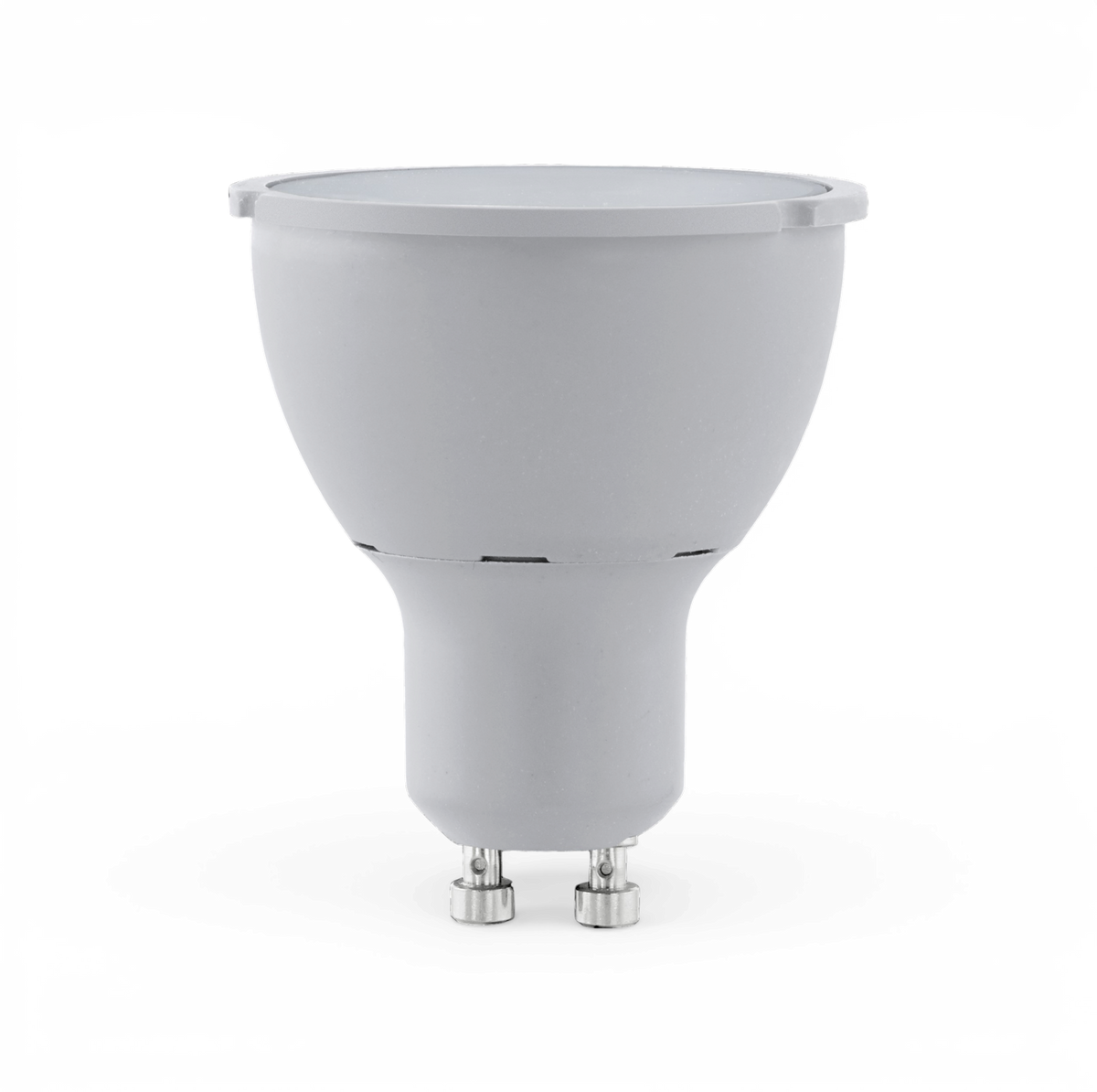 GU10 LED-spotpære i hvid, produktfoto på hvid baggrund.
