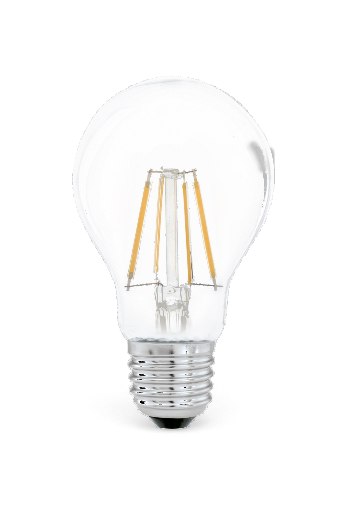 Klar LED filamentpære med E27-fatning.