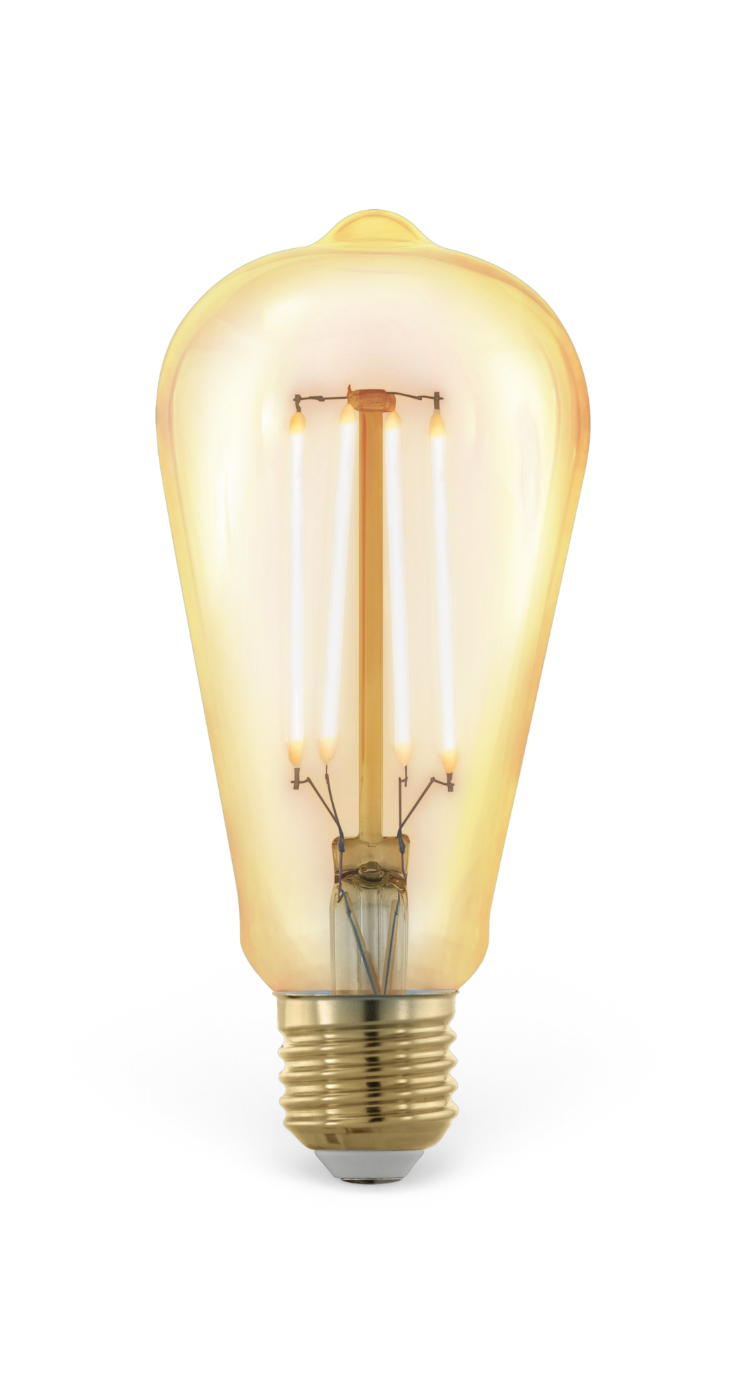 Glødende vintage LED‑pære med varmt ravfarvet lys og E27‑fatning på hvid baggrund.
