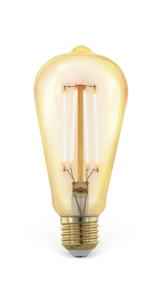 Glødende vintage LED‑pære med varmt ravfarvet lys og E27‑fatning på hvid baggrund.