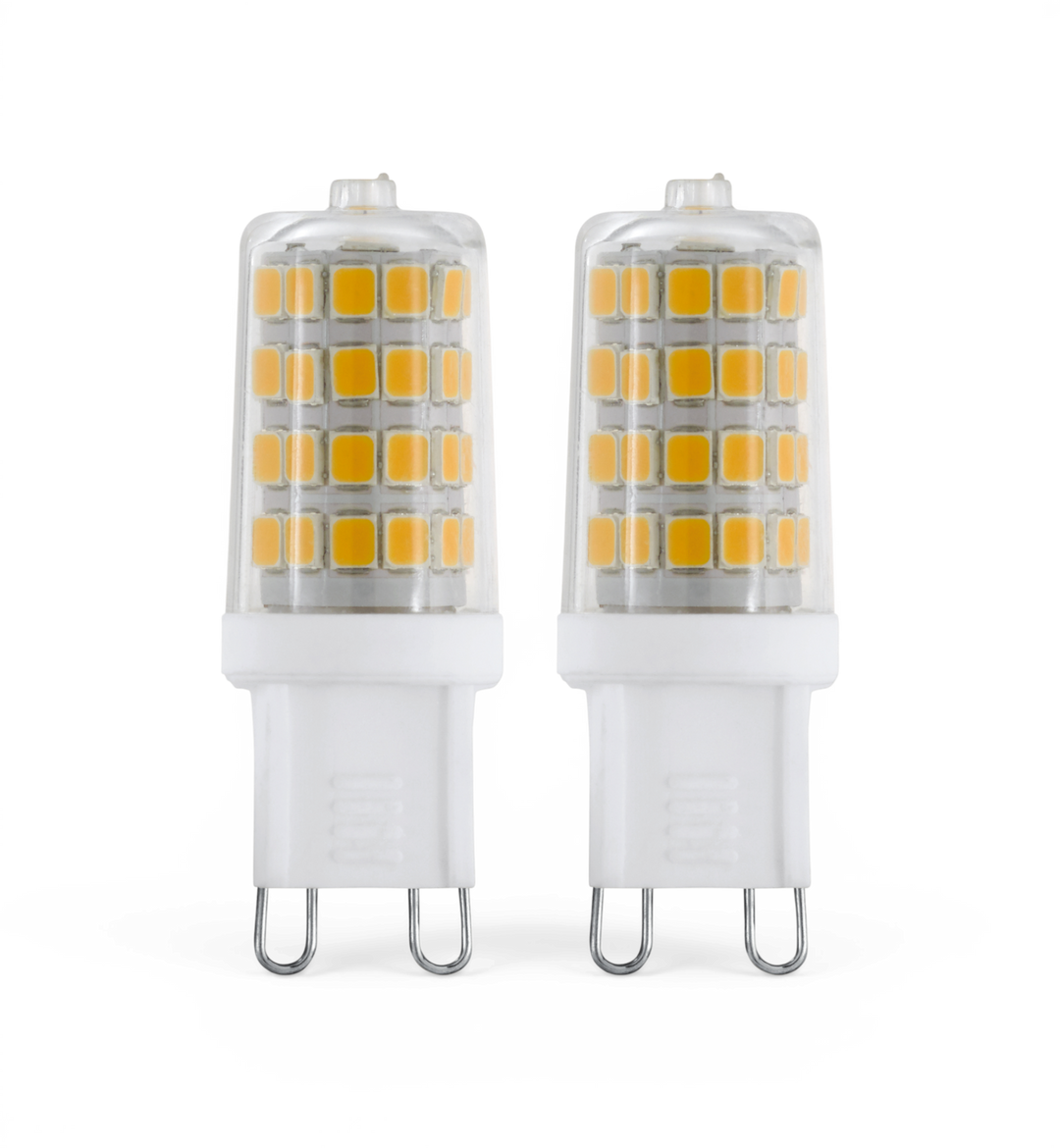 To G9 LED‑stiftpærer på hvid baggrund.