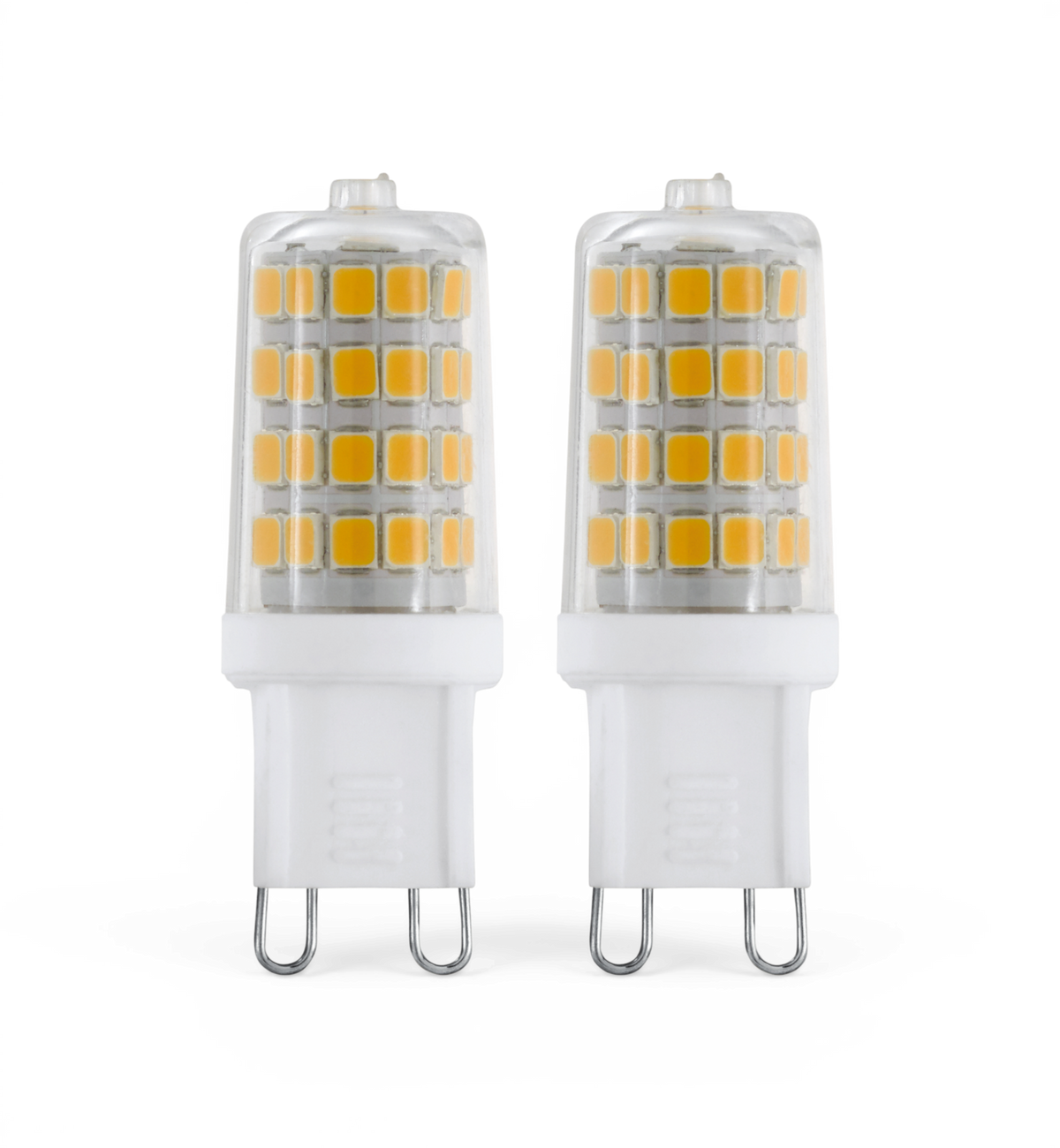 To G9 LED‑stiftpærer på hvid baggrund.