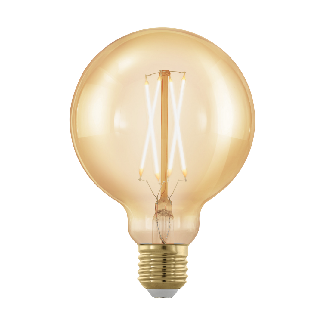 Varmt lysende LED filament pære isoleret på hvid baggrund.