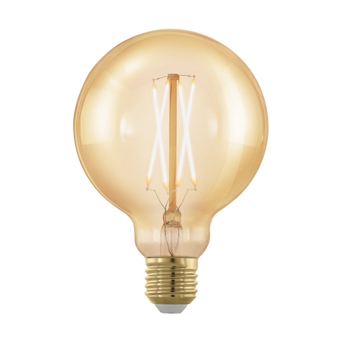 Varmt lysende LED filament pære isoleret på hvid baggrund.