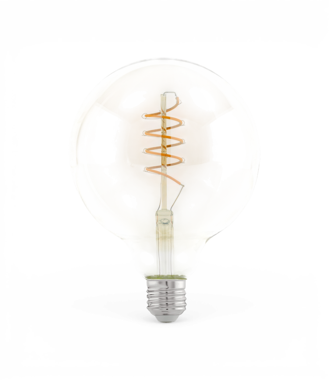 Rund globformet LED-pære med spiralformet filament og opalglas, E27-fatning.