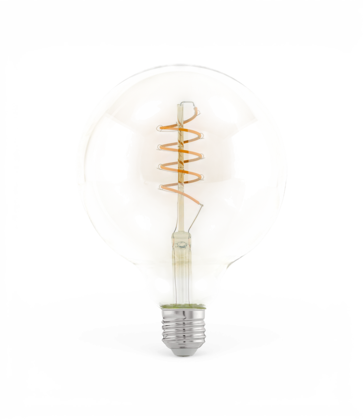 Rund globformet LED-pære med spiralformet filament og opalglas, E27-fatning.