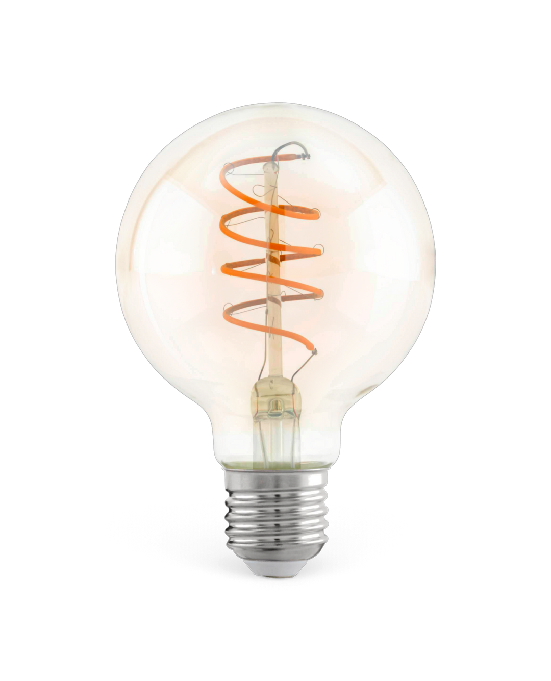 Kugleformet LED‑pære med spiralformet orange filament og E27‑fatning på hvid baggrund.
