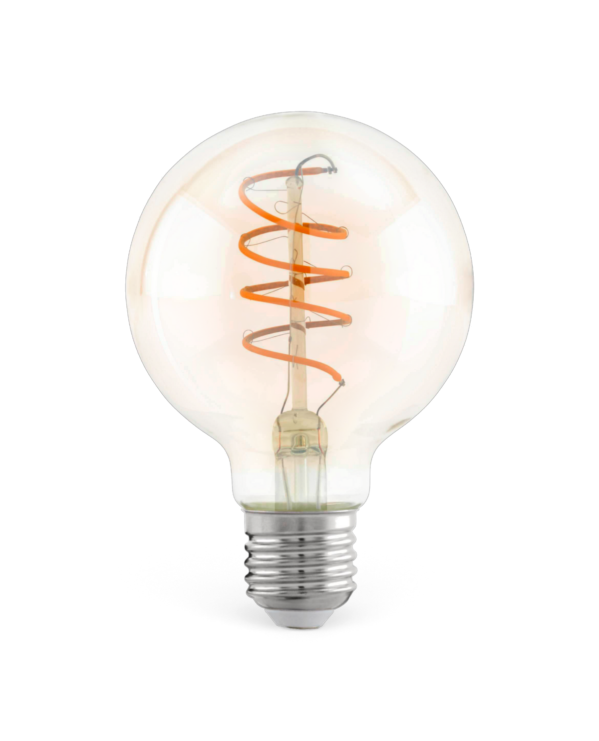 Kugleformet LED‑pære med spiralformet orange filament og E27‑fatning på hvid baggrund.