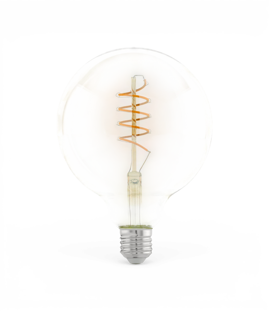 Globformet LED‑pære med spiralformet filament og E27‑fatning på hvid baggrund.