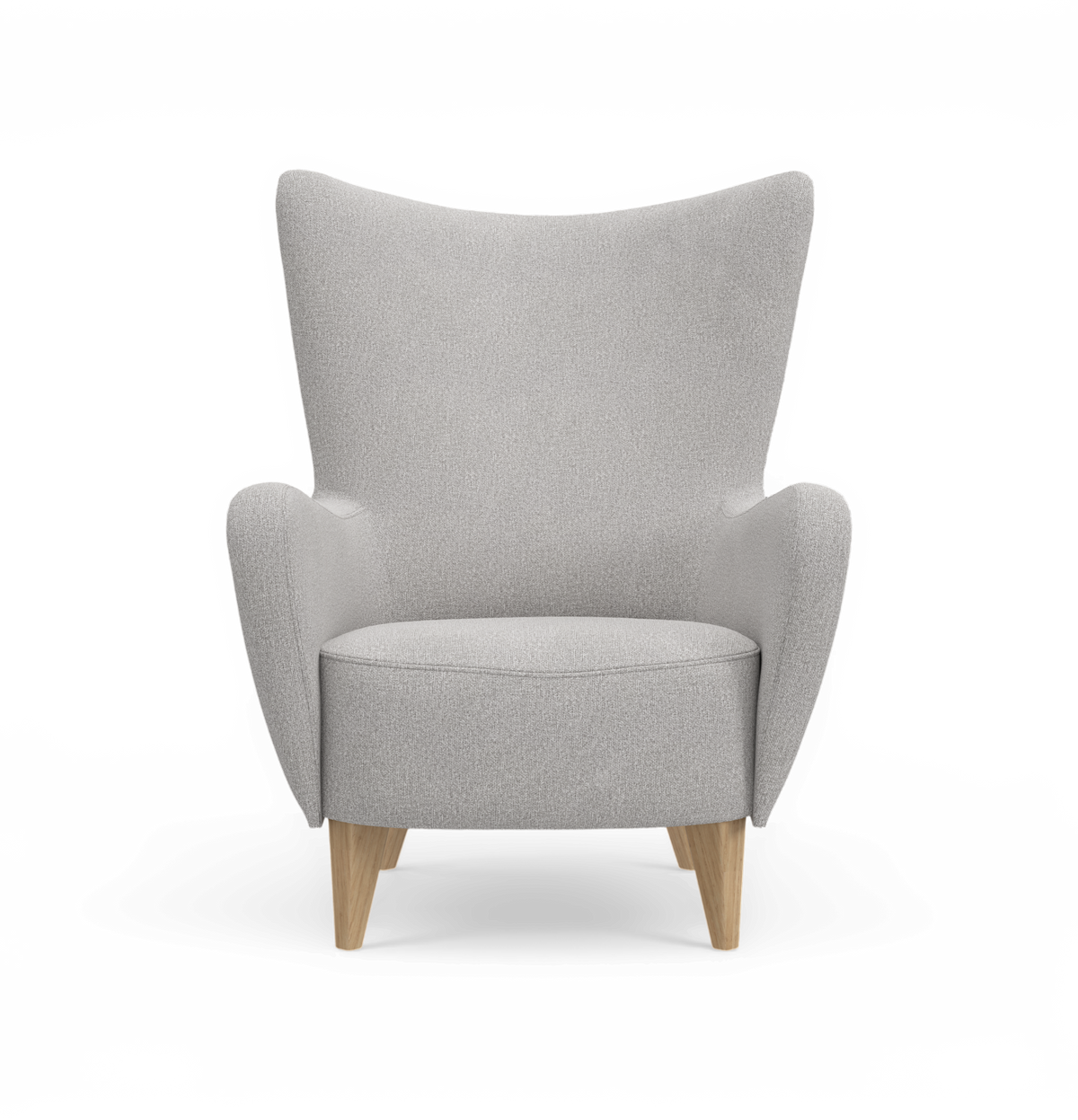 Lysgrå lænestol med træben i frontvisning, moderne skandinavisk design.