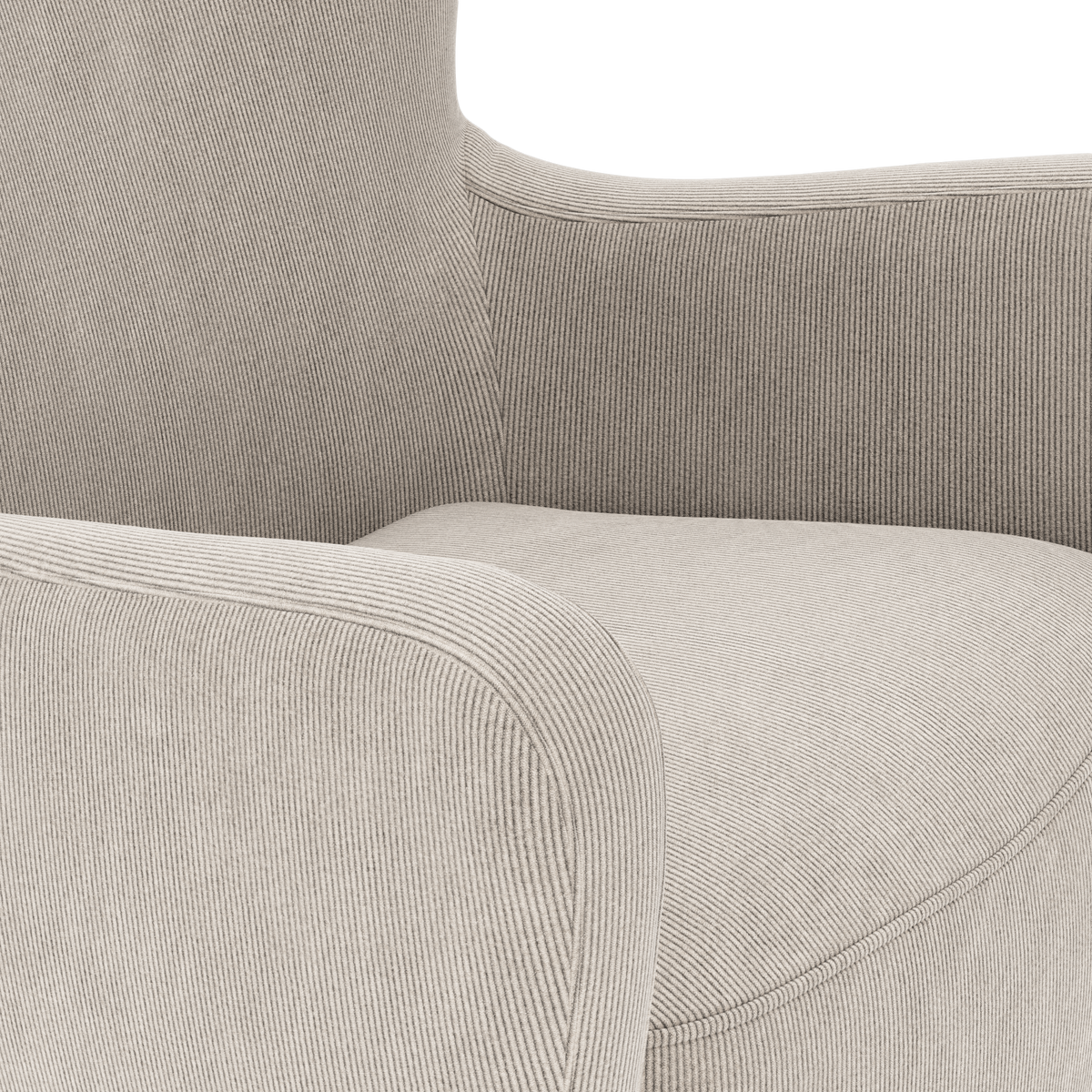 Nærbillede af beige lænestol i corduroy med afrundede armlæn og sæde.