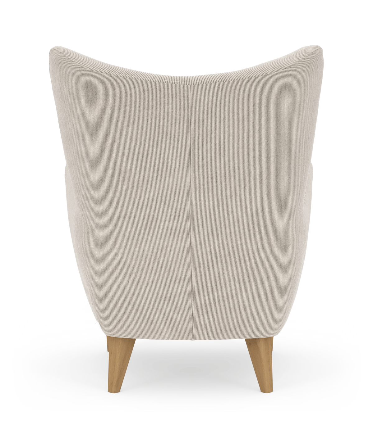 Beige lænestol set bagfra med træben, frilagt på hvid baggrund.