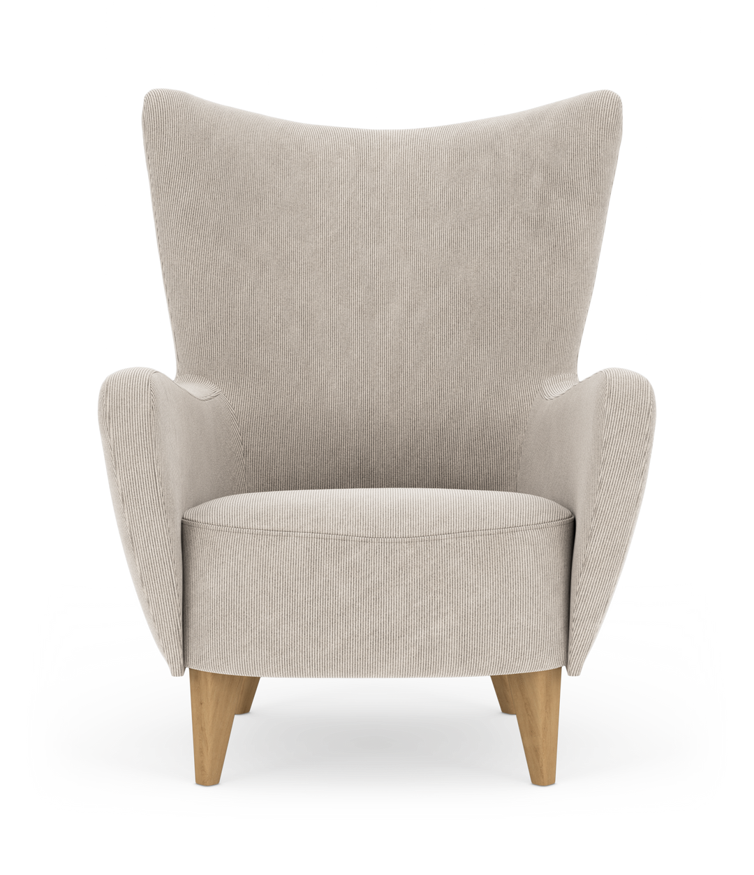 Beige lænestol med høj vingeryg og træben, set forfra på hvid baggrund.