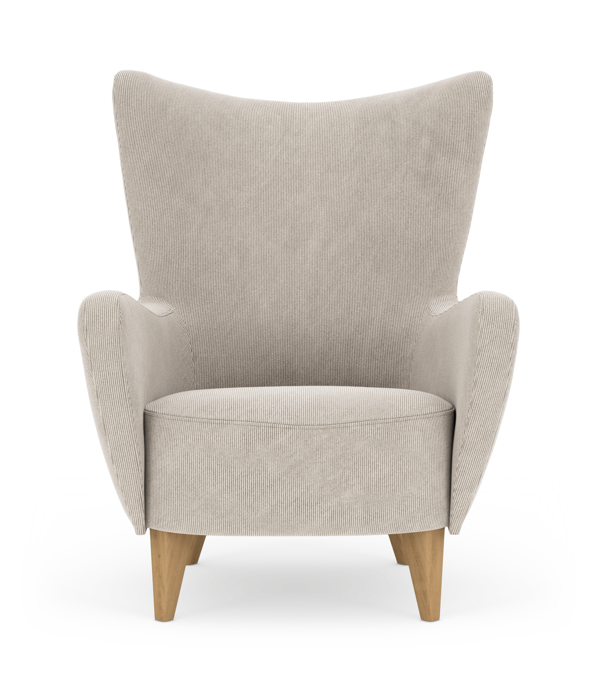 Beige lænestol med høj vingeryg og træben, set forfra på hvid baggrund.