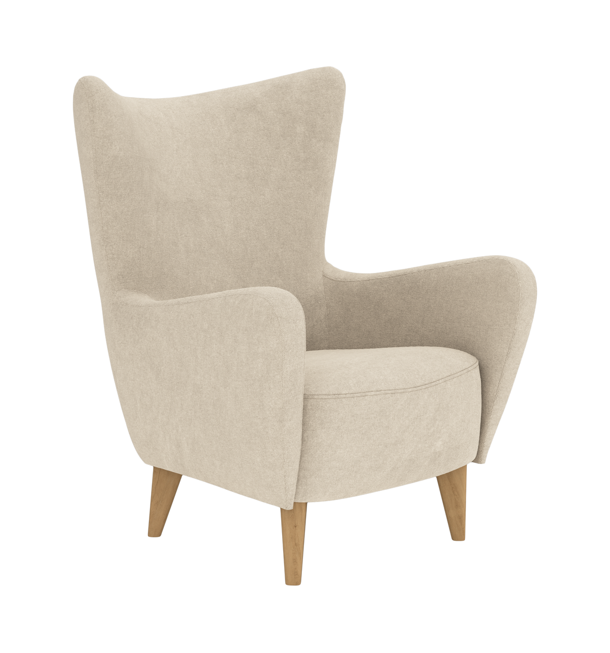 Beige lænestol med træben, fotograferet i frontvinkel på hvid baggrund.