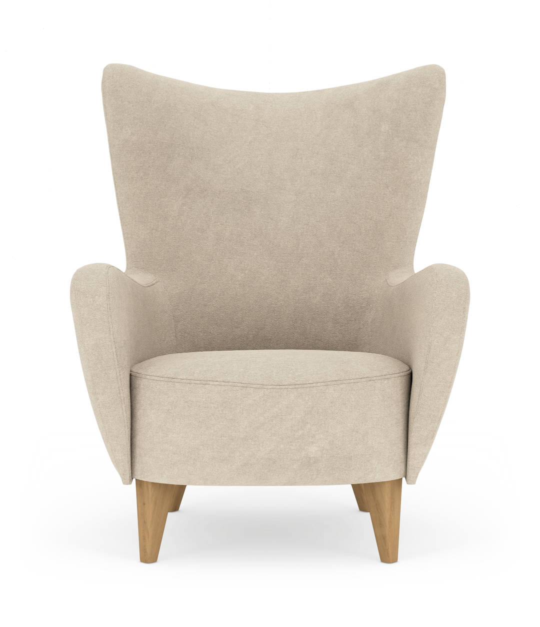 Beige lænestol med høj ryg og træben, frilagt mod hvid baggrund.