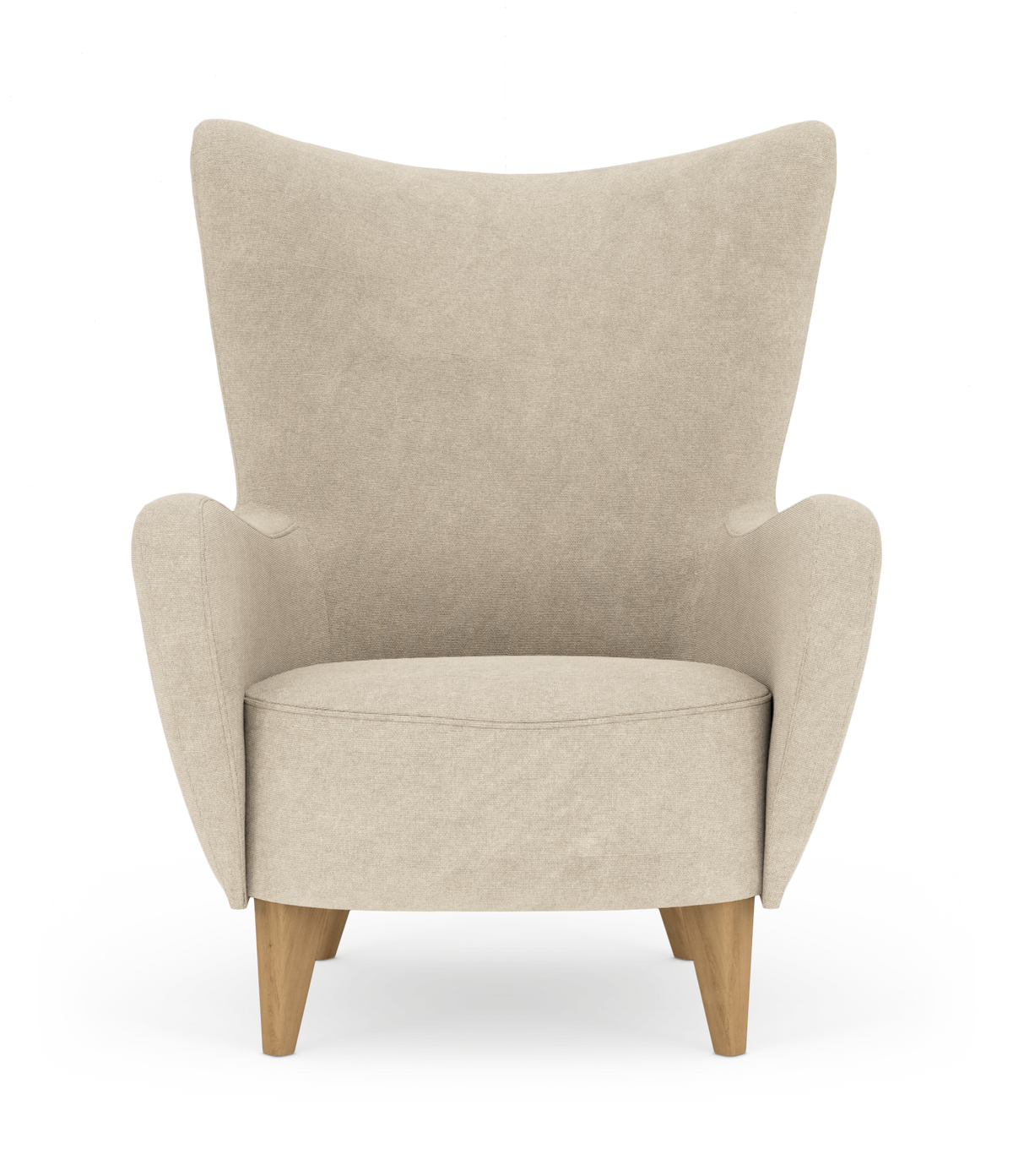 Beige lænestol med høj ryg og træben, frilagt mod hvid baggrund.
