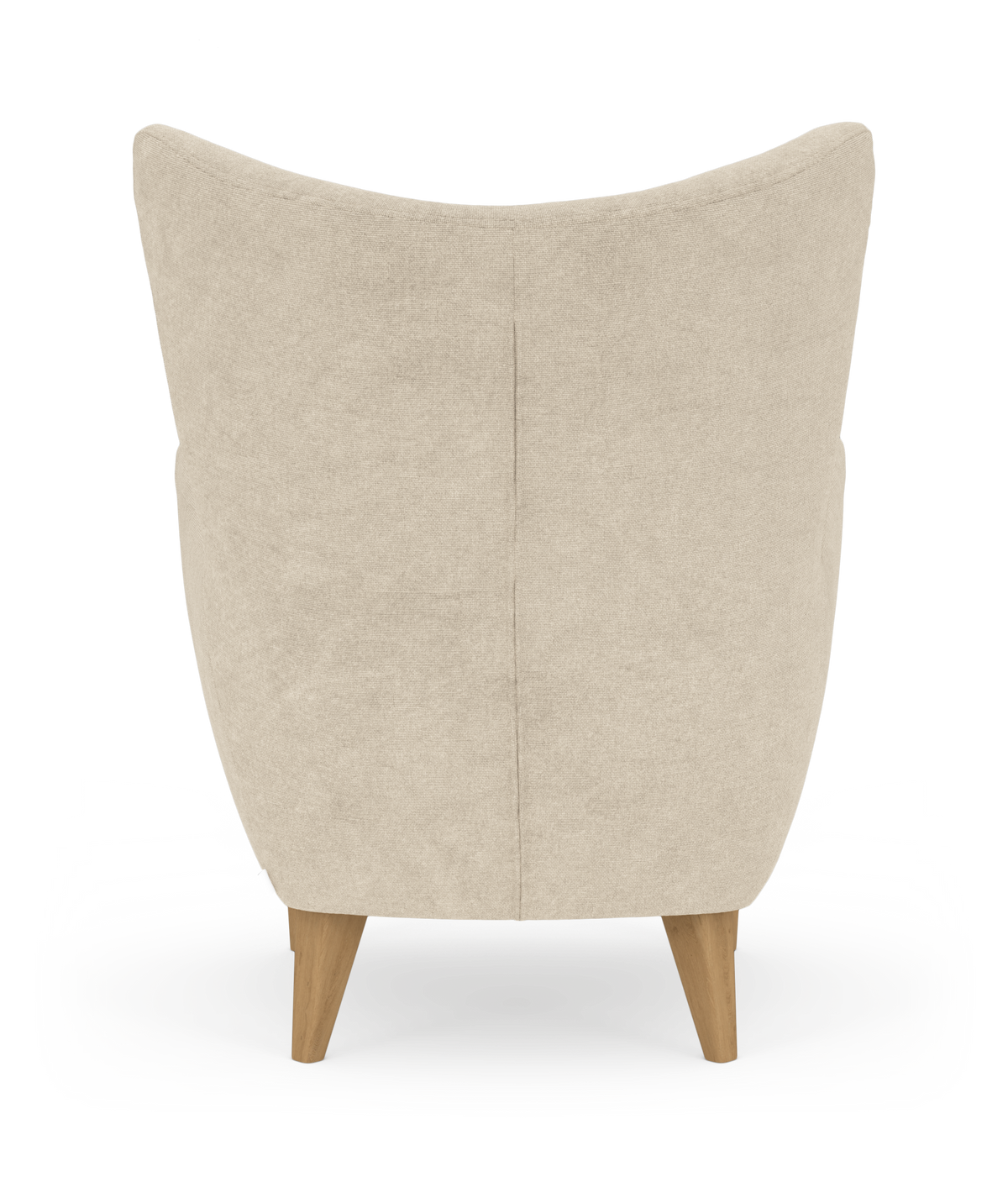 Bagside af beige stoflænestol med træben, frilagt på hvid baggrund.