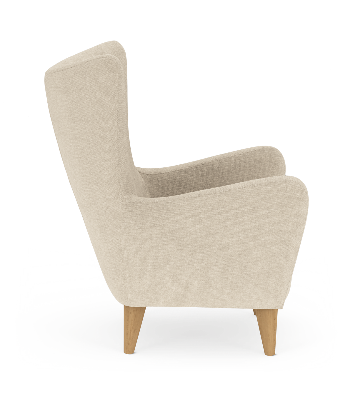 Beige stoflænestol med træben, set fra siden.