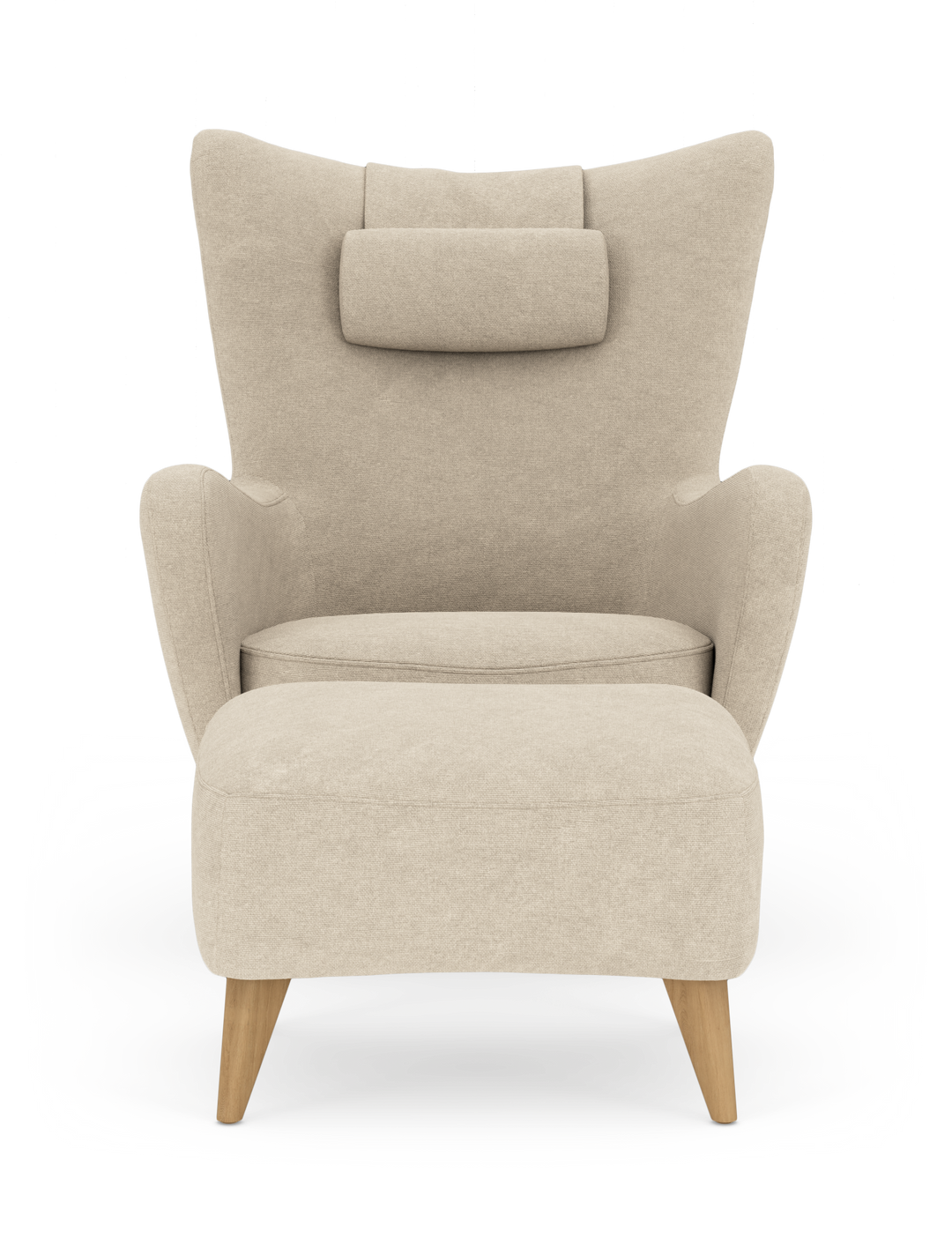 Beige lænestol med matchende skammel og træben, frontvisning mod hvid baggrund.