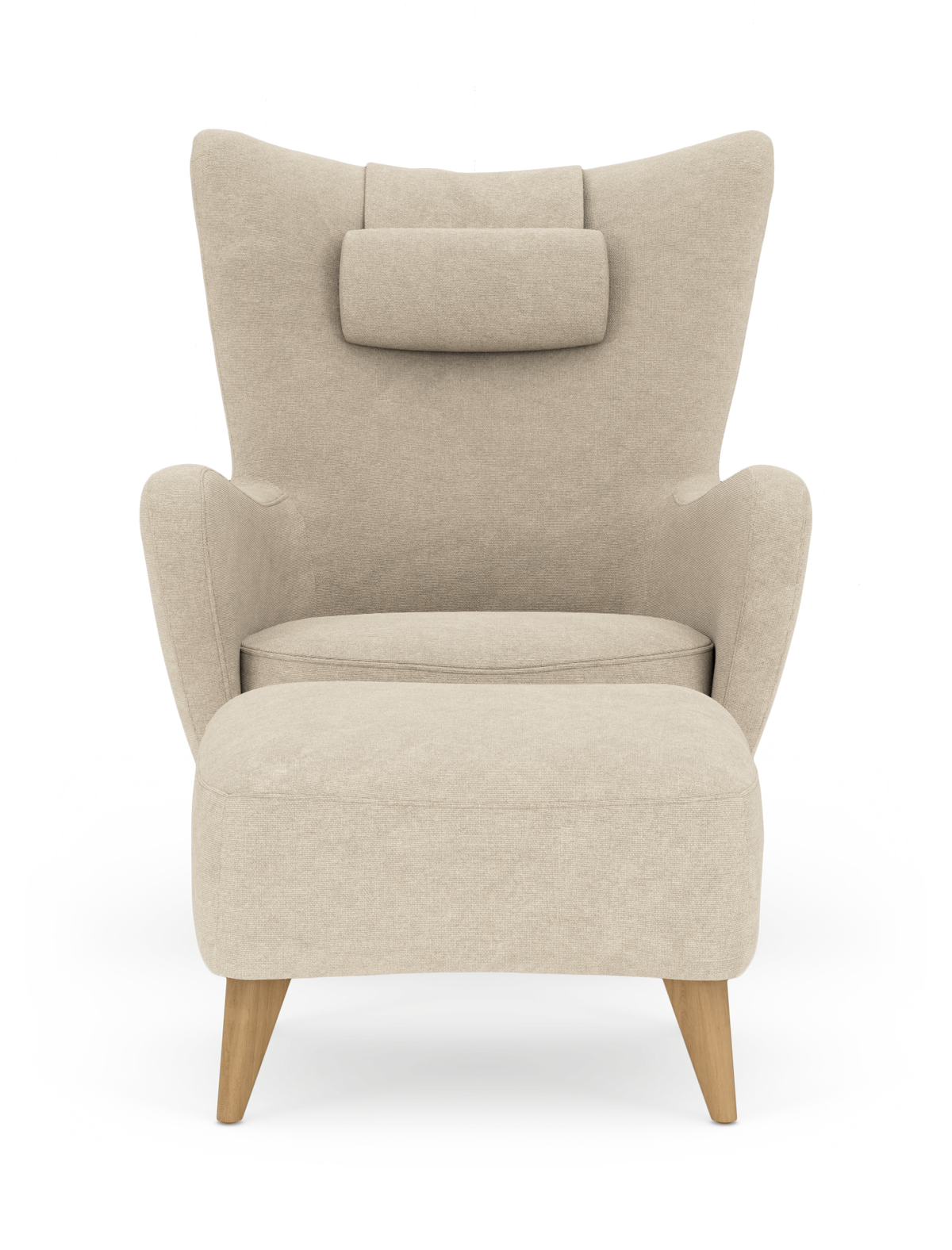 Beige lænestol med matchende skammel og træben, frontvisning mod hvid baggrund.