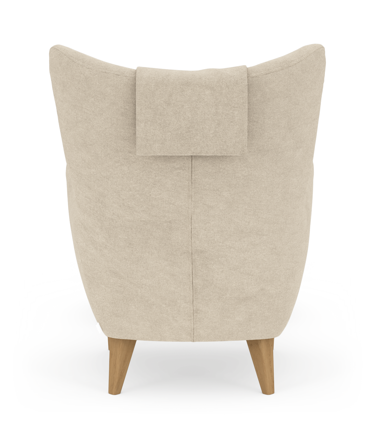 Beige lænestol set bagfra med træben og nakkepude, fritstående på hvid studiebaggrund.