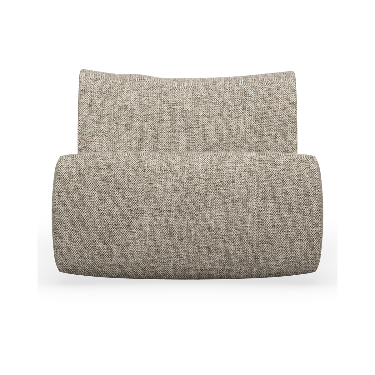 Beige loungestol med rundt ryglæn og sæde i tekstil, frontvisning mod hvid studiobaggrund.