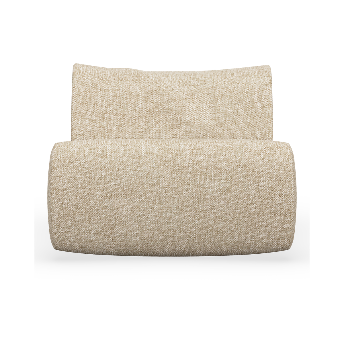 Beige armløs loungestol/modul med afrundede, polstrede puder i stof på hvid baggrund.