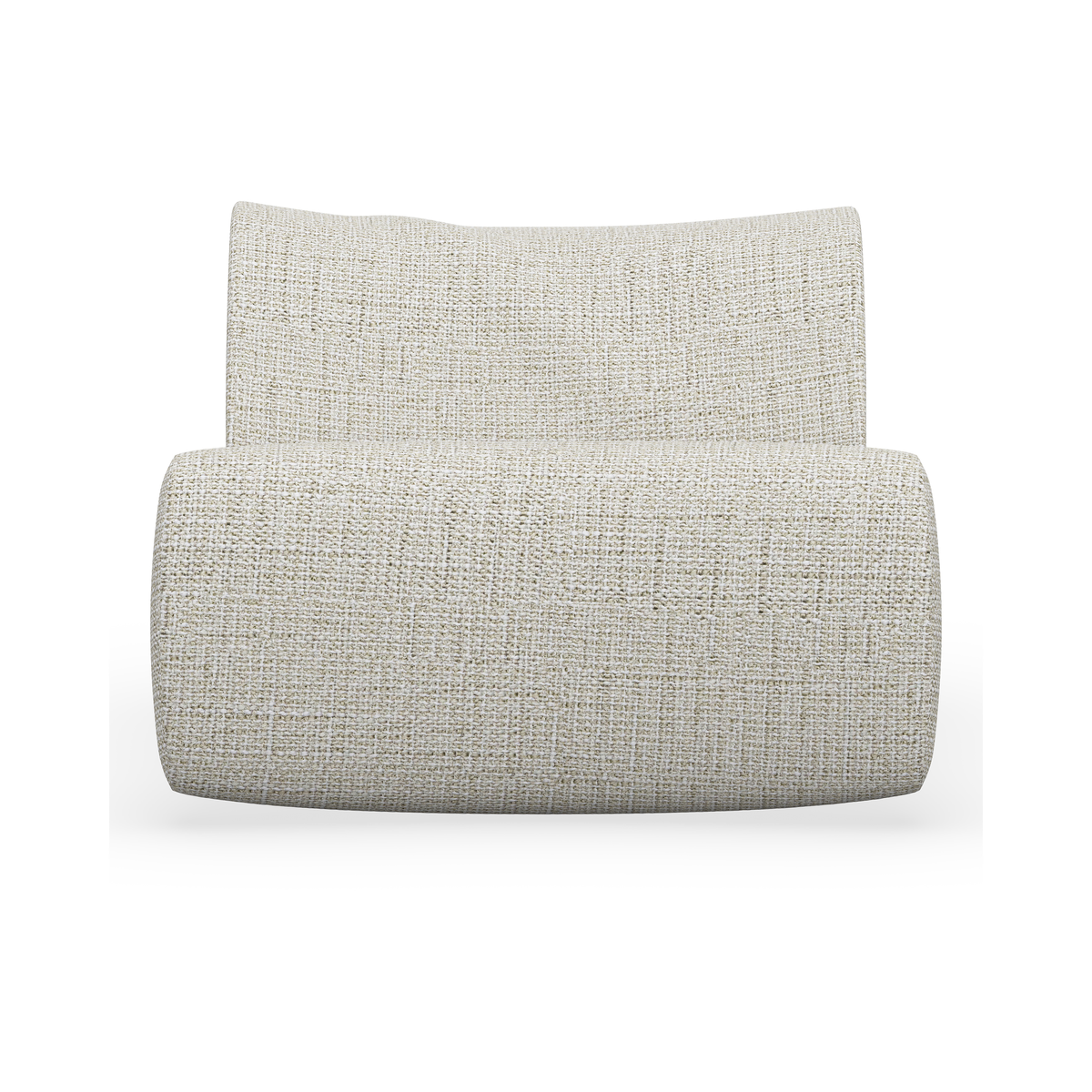 Beige bouclé loungestol med afrundede former, frontvisning på hvid baggrund.