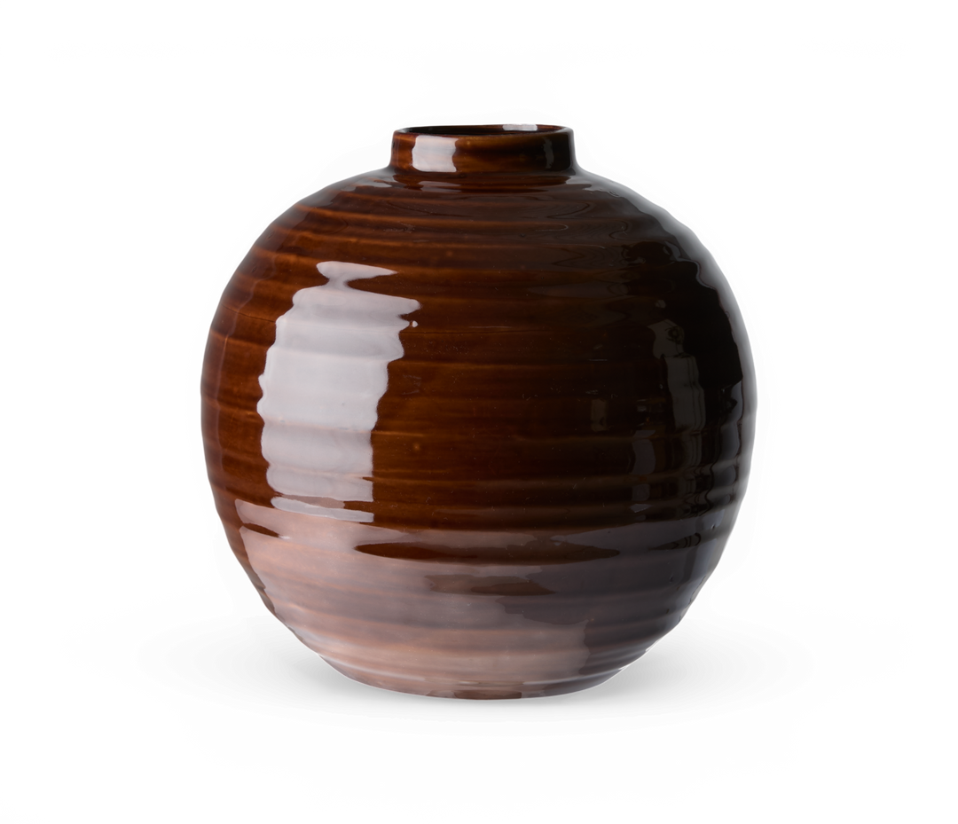 Glaseret brun rund keramisk vase med lille hals og blank overflade.